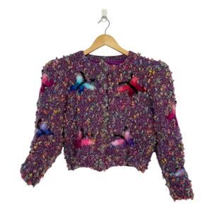 Cropped Cardigan Sweater Womens Medium Purple Embroidered Butterfly Preppy